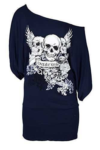 Be Jealous Womens Batwing Sleeve Off One Shoulder Skull Bardot Tshirt Top Plus Size Plus Size (UK