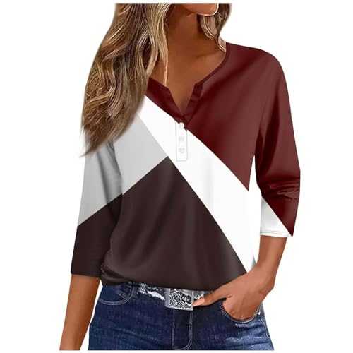 Ladies Tops 3/4 Sleeve V Neck Henley Shirts Striped Print T Shirt Loose Spring Tunic Shirts Womens Summer Blouse Plus Size Elegant Undershirts Sports Gym Pullover Home Causal Wear