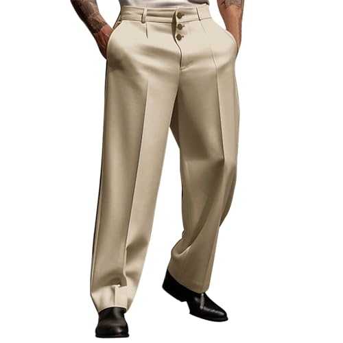 Mens Formal Suit Pants Loose Fit Straight Leg Business Trousers Elasticated Dress Trousers with Pockets Pleated Stretch Smart Office Work Trousers Chino Pants