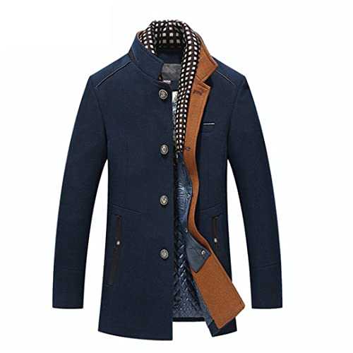 Winter Men Wool Blends Coat Scarf Collar Thick Trench Coat Single Breasted Men Woolen Overcoats Casual Jacket