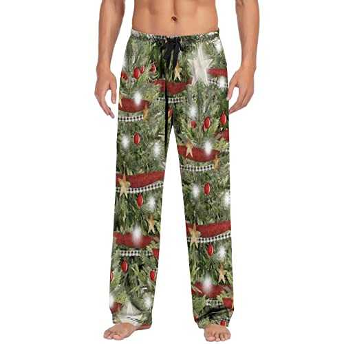 Christmas Trousers Men Lightweight Pyjama Bottoms Fancy Print Christmas Merry Lounge Pants Comfort Stretch Elasticated Waist Drawstring Trousers Joggers Sweatpants Straight Leg Tracksuit Bottoms