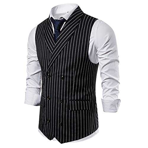 Mens Suit Vest Business Formal Waistcoat Tuxedo Dress Vest Pinstripe Business Tuxedo Waistcoat Double Breasted Wedding Vest Slim Fit Suit Waistcoat Turn-Down Collar Mens Tops With Pocket