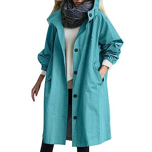 Women's Coats Lightweight Knee Length Hooded Trench Coat Casual Solid Plus Size Windproof Jacket Ladies Long Sleeve Buton Down Windbreaker Autumn Winter Outdoor Overcoats for Climbing Walking