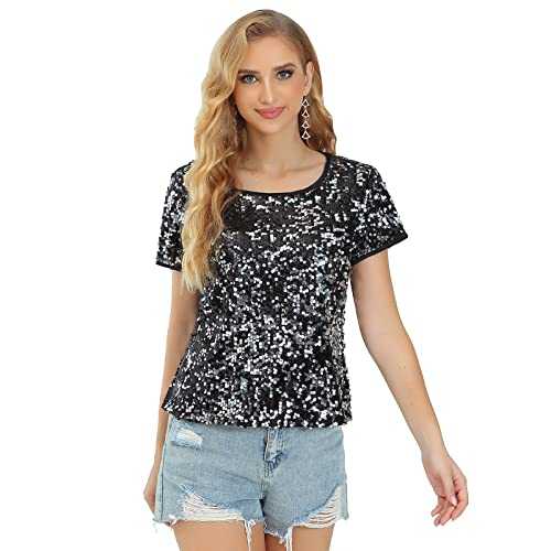 Womens Full Sequin Sparkle Tops Shimmer Glitter Round Neck Short Sleeve Shirt Summer Disco Party Tee Shirts Tunic Blouse