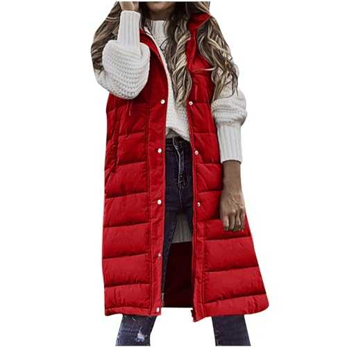 Women's Longline Padded Gilet Sleeveless Quilted Long Coat with Hood Ladies Winter Casual Outdoor Warm Quilted Puffer Gilets Plus Size Zip Up Thermal Vests