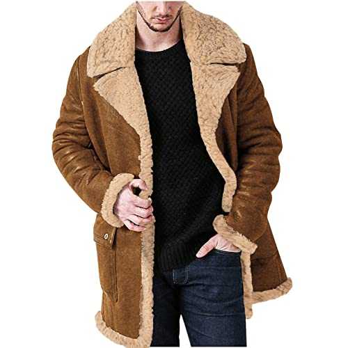 HAOLEI Leather Jacket Mens,Faux Fur Sherpa Fleece Lined Trucker Jacket Sheepskin Winter Trench Coat Warm Thick Outwear Fluffy Motorcycle Cargo Biker Jacket Overcoat for Men UK Clearance