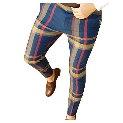 Men's Plaid Dress Pants Flat-Front Slim Tapered Fit Suit Pants Stretch Casual Pants Skinny Business Formal Trousers