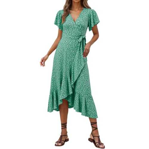 Floral Print Bohemian Dresses for Women UK Tie High Waisted Casual Dress Ladies Split Ruffle Hem Summer Midi Dresses V Neck Short Sleeve Women's Dress for Holiday Cocktail Prom Elegant Gowns