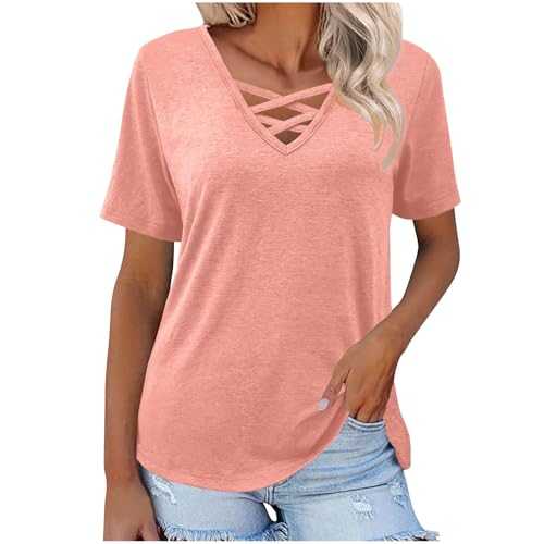 Womens Summer Tops Sale Short Sleeve V Neck Shirts Loose Casual V Neck Blouses Tees Criss Cross Solid Color Tunic Pullovers Ladeis Beach Going Out T-Shirts Office Work Top Plus Size S-XXL