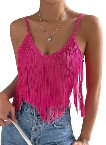 Ladies Fringe Tank Tops - Cowgirl Festival Outfit Sexy Summer Vest Tops for Women Adjustable Spaghetti Straps Tassel Solid Sleeveless V Neck Camisole