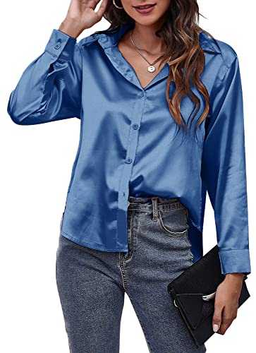 Women's Satin Shirt Long Sleeve Blouses Botton Down Work Top Silk Like Shirts for Ladies Office Tops