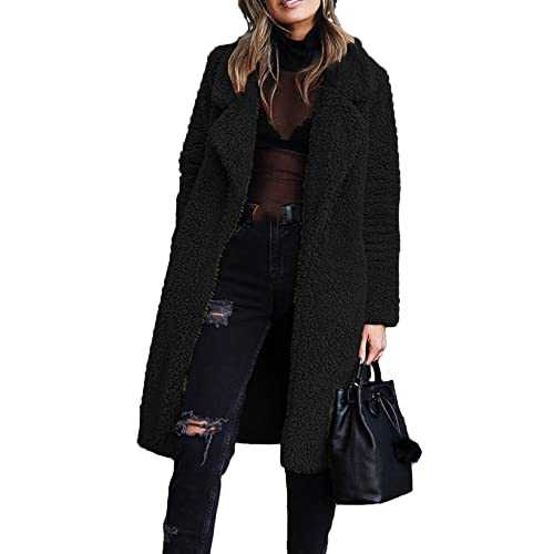 KCatsy Women Furry Mid-Length Coat Jacket Oversized Notch Lapel Plus Size Solid Colur Fleece Plain Cardigan Sherpa Outerwear