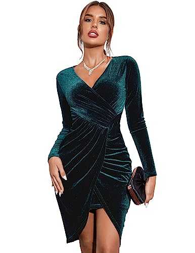 Zeagoo Women's Velvet Dress Long Sleeve Elegant Cocktail Dress V-Neck High Waist Bodycon Party Dress Shiny Club Dress