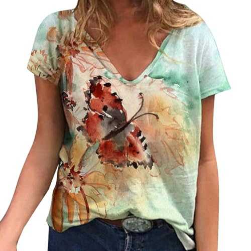HOOUDO for Women Short Sleeve O Neck Blouse Comfy Graphic Henley Tops Plus Size Loose Tee Shirts Vintage Comfortable Clothes for Formal
