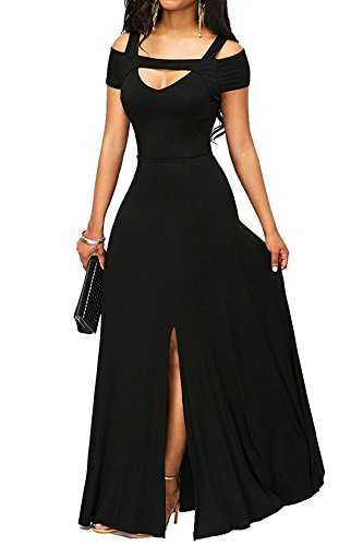May Story Women Long Prom Party Maxi Dress V-Neck Short Sleeve Off Shoulder Front Slit (Black, S (UK8-10))