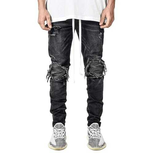 Ripped Jeans Men Skinny Fit Stacked Denim Pants with Distressed Holes for Urban Streetwear