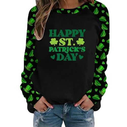 St Patricks Day Tops Women Long Sleeve O Neck Womens Sweatshirt Lightweight Irish Clover Print Green Tunic Tops Casual Plus Size St. Patrick's Day Printed Pullover Tees Holiday Fancy Shirts Sale