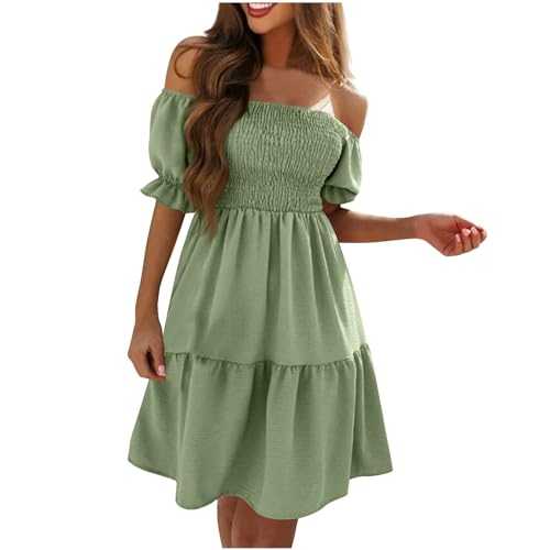 Ladies Summer Dress Off Shoulder Ruffle Midi Dresses Women Milkmaid Dress Flowy Tiered Beach Dress Swing Holiday Loose Bohemian Dresses Elastic Square Neck Puff Short Sleeve Mini Dress for Party