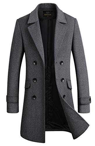 HXW.GJQ Men's Stylish Wool Blend Double Breasted Long Pea Coat