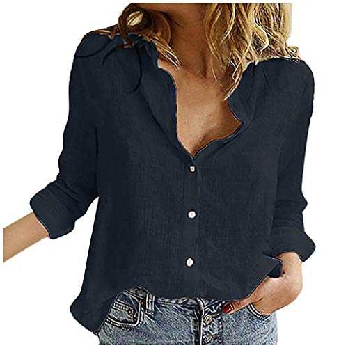 Generisch Blouse Women's 2024 Lapel V-Neck Roll Up Sleeves Button Down Shirt Blouse Summer Casual Stripes Print Cotton Linen Blouse Striped Long Sleeve Shirt Casual Shirts Tops