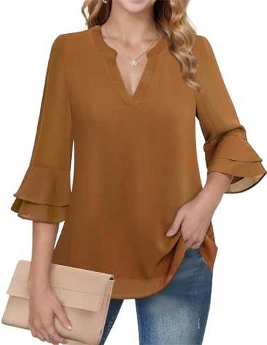 CASURESS Women's Tops Dressy Casual V Neck 3 4 Tiered Bell Sleeve Blouses Double Layered Chiffon Work Tunic Shirts