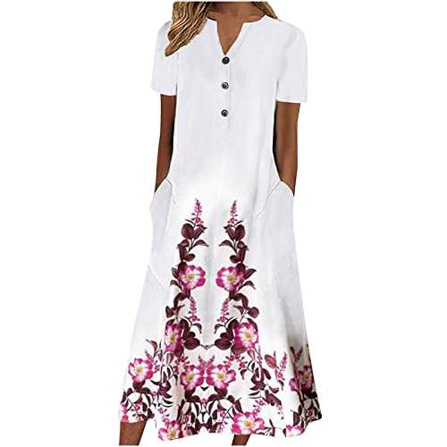 RLEHJN Shirt Dresses for Women UK Sale Clearance Summer V Neck Midi Dresses Floral Printed Short Sleeve Long Casual Dresses for Beach Vacation Button Sundresses with Pockets S-XXL