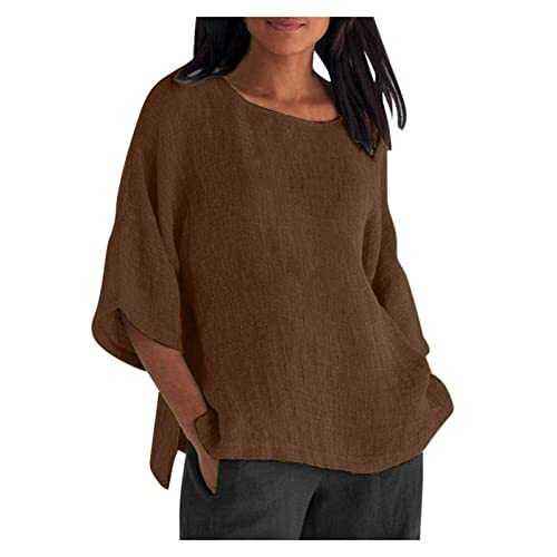 Linen Shirt for Women UK Sale Clearance Oversized 3/4 Sleeve Tunic Tops Cotton Linen T-Shirt Loose Fit Boho Tops Plain Summer Tee Shirts Ladies Casual Longline Blouses Plus Size 22