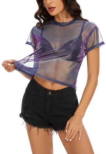 florynova Womens Mesh Tops See Through Sheer Crew Neck Short Sleeve Bodycon Blouse Clubwear Tshirt