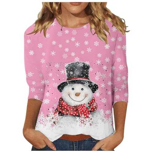 Womens Christmas Snowman Print Crew Neck Three-Quarter Sleeve Casual Tops Glitter Top