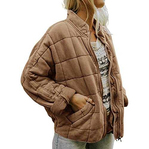 FeMereina Womens Dolman Lightweight Quilted Jackets Zip Up Long Sleeve Stand Neck Pockets Coat Warm Winter Outwears
