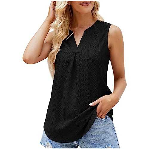 Hollow Out Tank Tops for Women UK Sale Clearance Elegant V Neck Vest Top Sleeveless Casual Loose Fit Tee Shirt Ladies Summer Solid Color Vest Blouses Pleated Tunic Tops