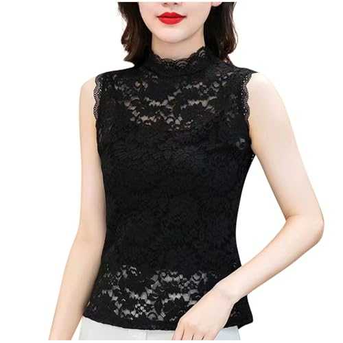 Vest Tops Women UK Sexy Lace Camisole Top Solid Floral Lace High Neck Sleeveless Shirts Women's Slim-Fit Camisole Blouse T Shirt Tees See Through Tops Summer Tank Top Undershirt