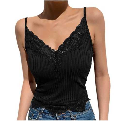 Lace Camisole Tops for Women Ribbed Crop Tank Tops Ladies Sexy V Neck Vest Top Spaghetti Strap Shirts Plain Sleeveless Summer Tops Slim Fit Cami Sling Lace Vests Going Out Blouse