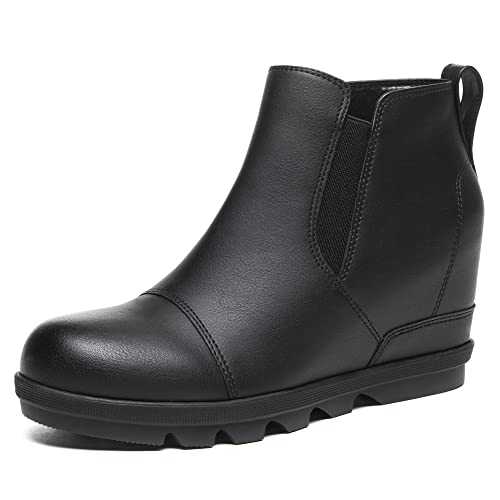 Athlefit Women's Wedge Ankle Boots Comfort Slip-On Waterproof Leather Platform Booties