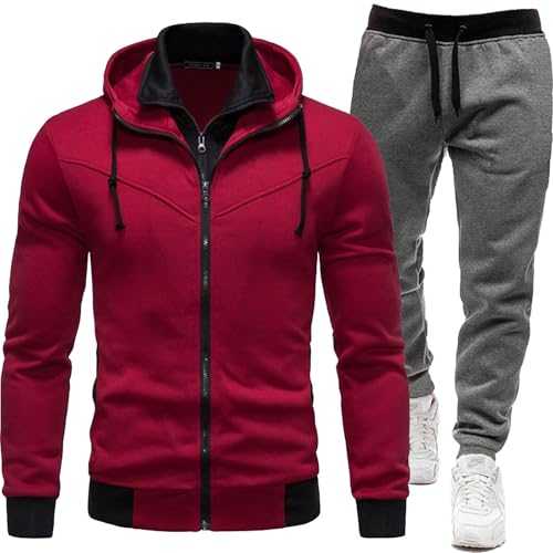 Qixiu Track Suits,Tracksuit Tops for Men UK,Herren Sweatshirt Mode Lässig Zweiteiliger Casual Einfarbig Kapuzen Strickjacke Sweatshirt Herren Set Pommes Anzug