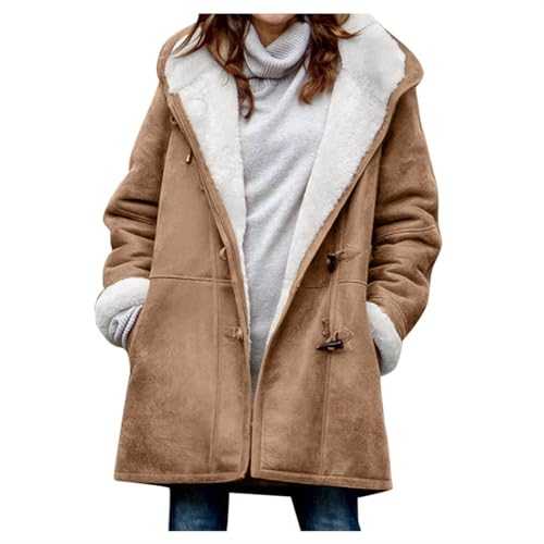 AMhomely Women Coats Winter Sale Plus Size Ladies Fleece Lined Jacket Hoodies Pocket Woolen Casual Hooded Coats Horn Button Casual Warm Jacket Trench Coats Long Sleeve Hooded Overcoats