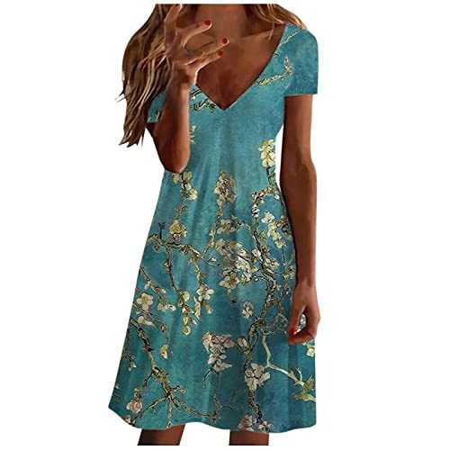 AMhomely Summer Dresses for Women UK Clearance Party Elegant Casual V-Neck Solid Color Loose Elastic Short Sleeve Dress Skirt Ladies Maxi Dresses Plus Size Petite Sexy Dress UK Size