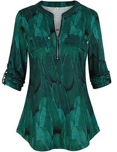 Lalala Women's V-neck blouse 3/4 sleeves short sleeve zip tunic long shirt tops t-shirt top