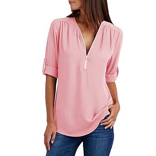 ANHATUIV Summer T Shirts Short Sleeve Tops for Women UK Clearance Half Zip Blouse Plain Tee Shirt V Neck Tunic Top Women's Summer Shirts Zip Casual Tunic V-Neck Rollable Blouse Tops T-Shirt