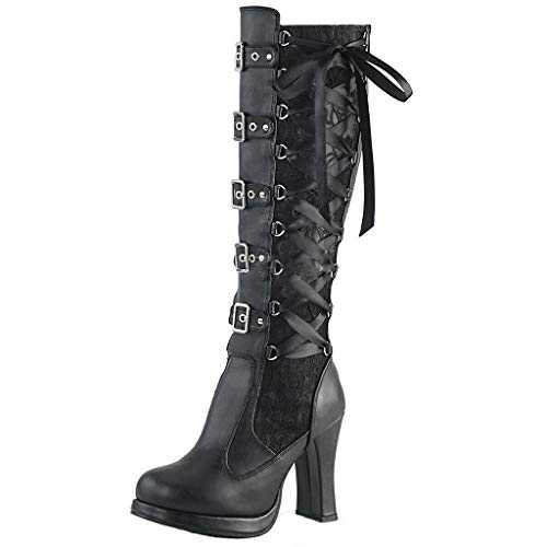 BIISDOST Ankle Boots Women's Black Gothic Long Shaft Boots Leather Knight Boots with Heel Riding Boots Slip On Boots Leather Knee-High Boots Platform Boots Punk Women's Boots Size 35-43