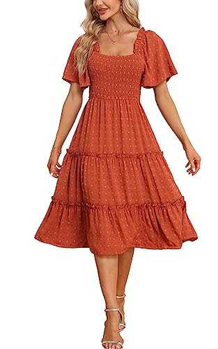 Women's Casual Summer Dress 2023 Square Neck Flutter Sleeve Smocked Tiered Midi Dress Swiss Dot Boho Flowy Dresses