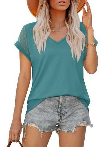 Aokosor T Shirts for Women UK V Neck Ladies T Shirts Womens Summer Tops Cap Lace Sleeve Tee Short Sleeve