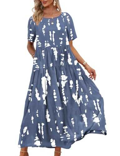 YESNO Women Casual Loose Bohemian Floral Dress with Pockets Short Sleeve Long Maxi Summer Beach Swing Dress EJF