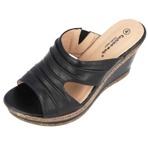 Cushion Walk Ladies Leather Lined Peep Toe Mid Wedge Heel Slip On Mules Sandals Size 3-8 (UK 6, Black)