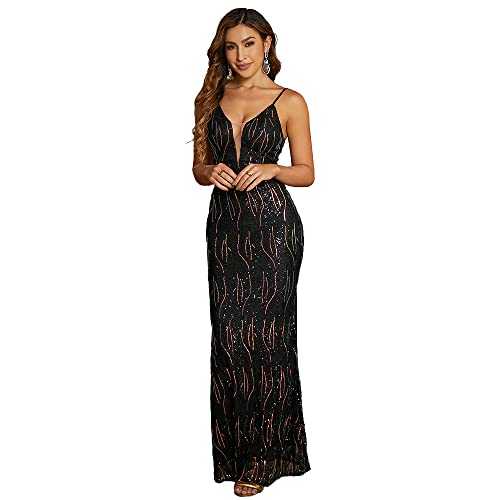 Miss ord Women's Formal Sequin Plunging Neck Straps Prom Maxi Gown, Bodycon Sleeveless Mermaid Ball Dress