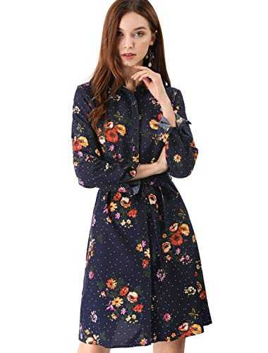 Allegra K Women's Floral Button Down Vintage Polka Dots Dresses Collar Tie Belted Shirt Dress