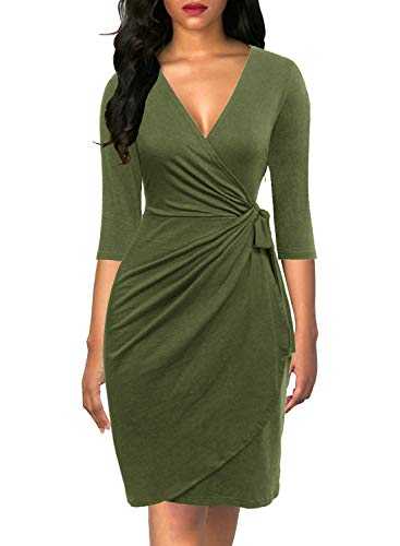 Berydress Women's Classic 3/4 Sleeve V Neck Sheath Casual Party Work Faux Black Wrap Dress