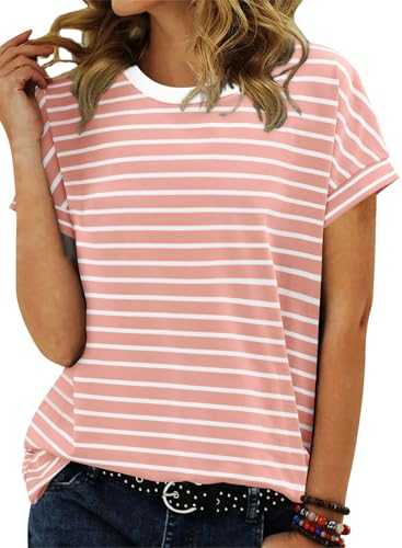 KISSMODA Womens Short Sleeve Shirts Casual Striped Tshirts Basic Tee Tops Summer Fashion Colorblock Clothes