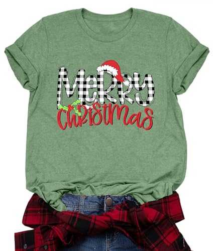 Merry Christmas T-Shirts for Women Buffalo Plaid Print Christmas Shirts Tops Holiday Letter Print Tee Tops