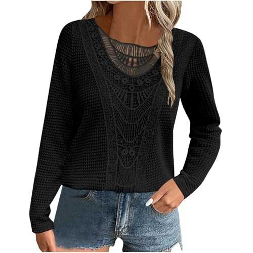 ANHATUIV Women's Long Sleeve Tops UK Clearance Waffle Knit T Shirt Elegant Dressy Tunic Tops Plain Loose Casual Sweatshirt for Women UK Crewneck Pullover Tops Lace Blouse Ladies Work Tee Shirts